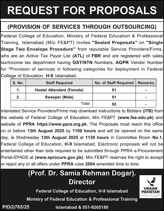 Federal College of Education Islamabad Tender Notice